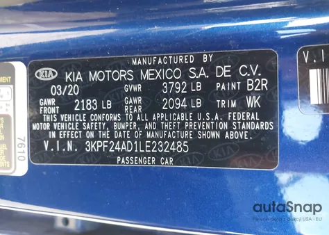 2020 Kia Forte Lxs from USA, damaged, VIN 3KPF24AD1LE232485